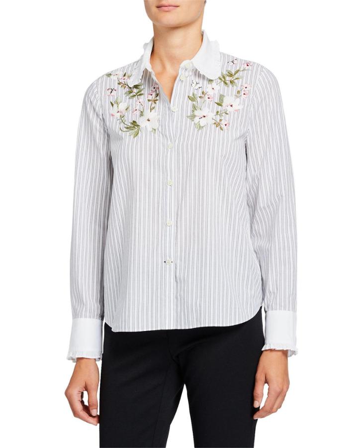 Striped Floral Embroidered Button-down