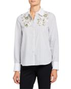 Striped Floral Embroidered Button-down