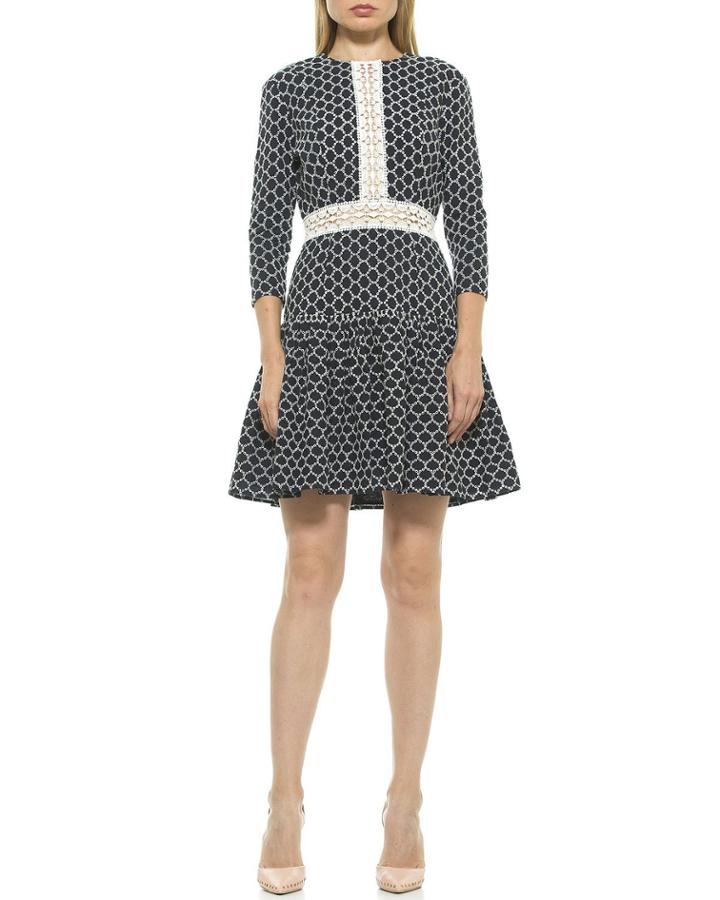 Embroidered 3/4-sleeve Drop Waist Dress