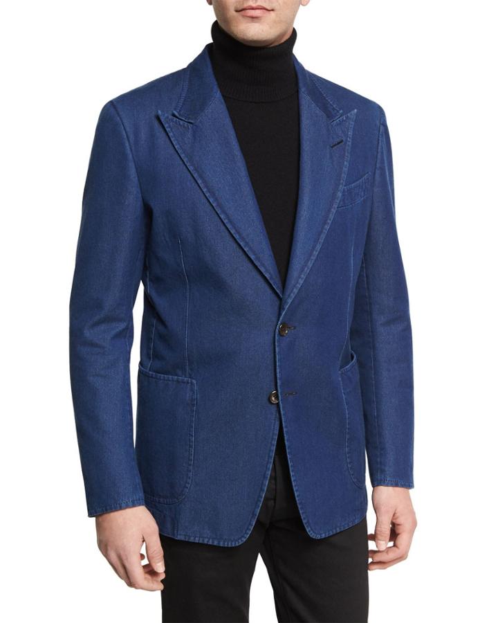 Washed Denim Peak-lapel Sport Jacket, Dark Indigo