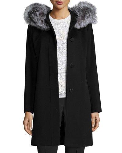 Hooded Wool Fur-trim Coat, Black