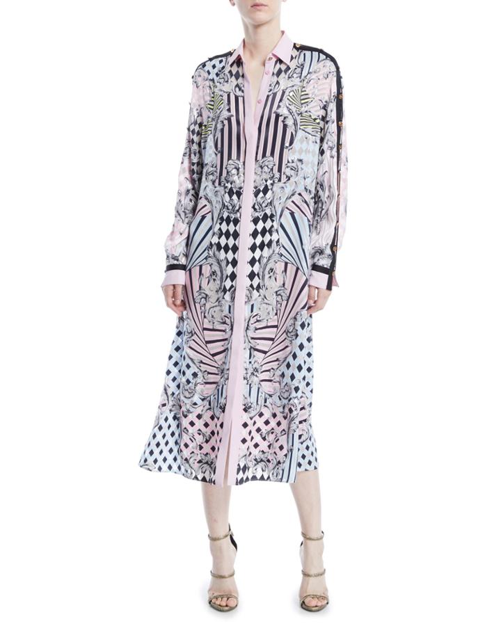 Button-front Long-sleeve Devore-print Silk Long