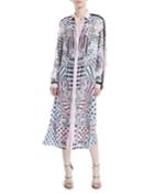 Button-front Long-sleeve Devore-print Silk Long