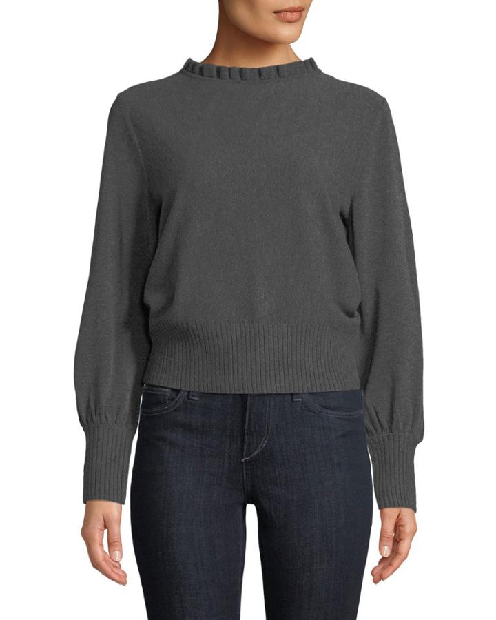 Pintuck Shirred-neck Long-sleeve Pullover