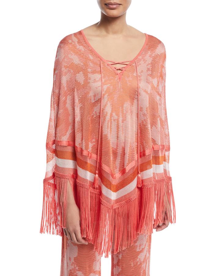 Tie-dye Poncho Top With Fringe Hem