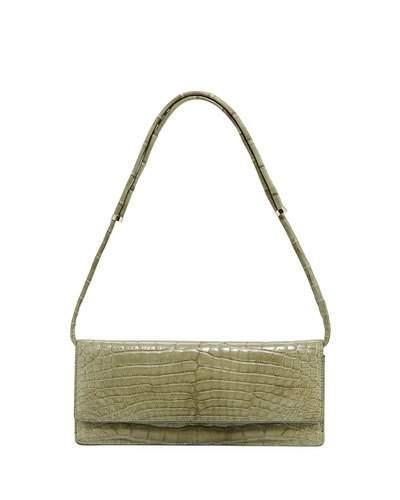 Croc-embossed Extra-small Leather Clutch Bag, Green