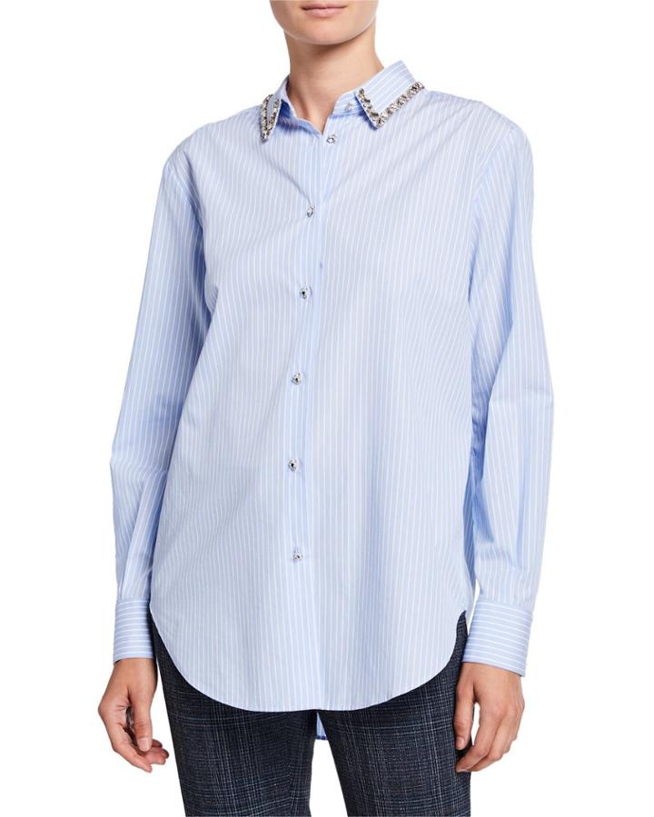 Jeweled Collar Striped Button-front Tunic