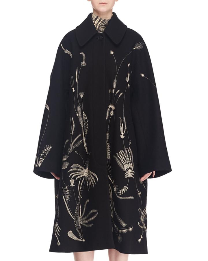 Single-breasted Embroidered Wool-blend Coat