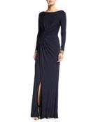Embellished-cuff Ruched Gown, Navy