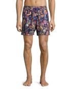 Leaf-print Swim Trunks, Blue Pattern