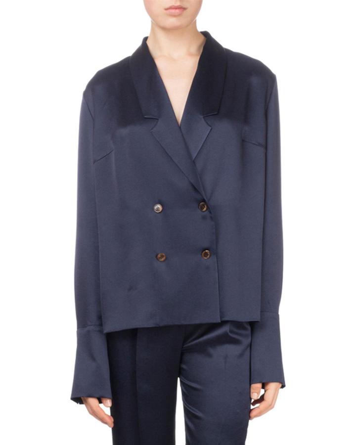 La Vienna Double-breasted Silk Blouse W/ High-low Hem