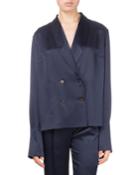La Vienna Double-breasted Silk Blouse W/ High-low Hem