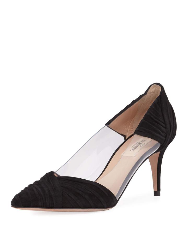 Ruched Suede Clear-sided Pumps