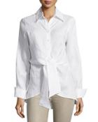 Linen Long-sleeve Tie-waist Blouse, White