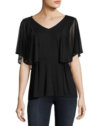 Flutter-sleeve Chiffon-trim Top