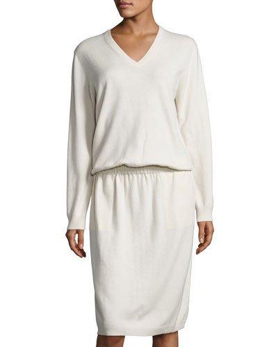 Cashmere V-neck Sweaterdress, Cream