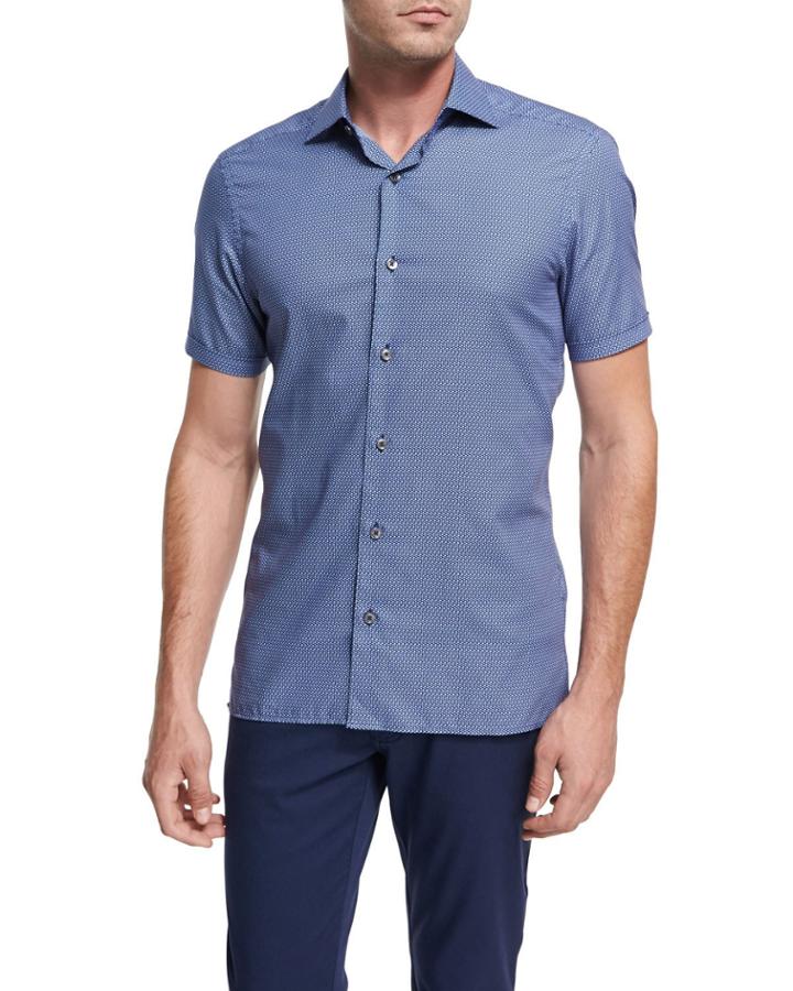 Record-print Short-sleeve Cotton Shirt, Dark Blue