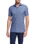 Record-print Short-sleeve Cotton Shirt, Dark Blue