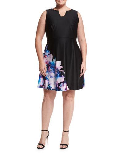 Sleeveless Floral Fit & Flare Dress, Black/dust,