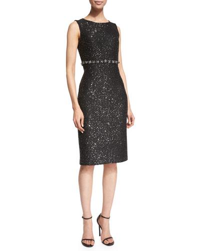 Spangle Knit Sleeveless Sheath Dress, Caviar