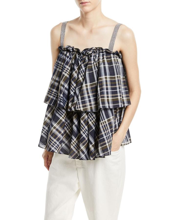 Sleeveless Dark Plaid-cotton Tiered Top With