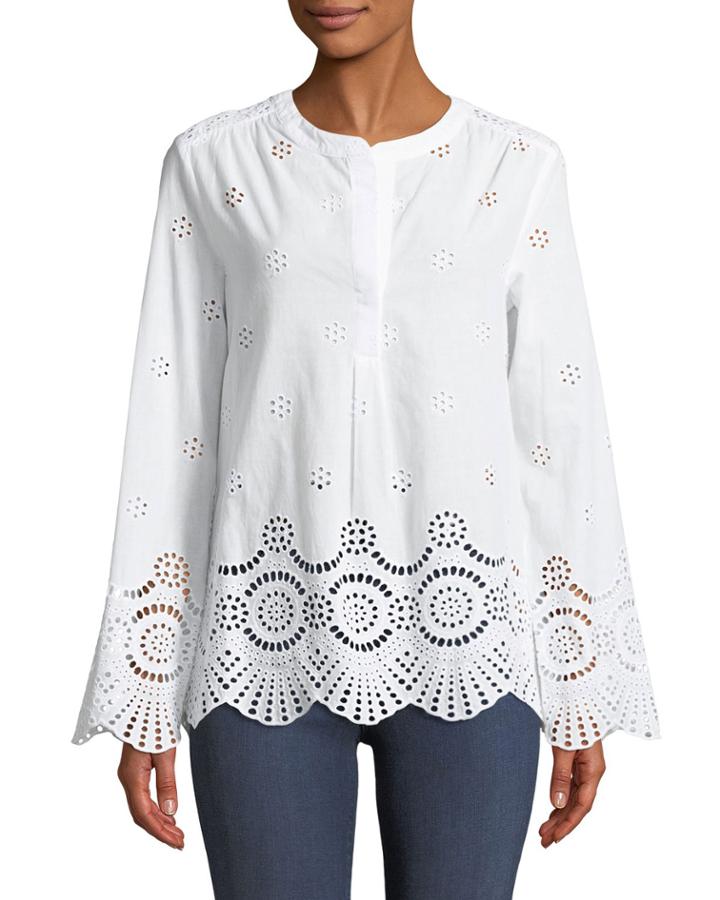 Bell-sleeve Eyelet Button-front Blouse