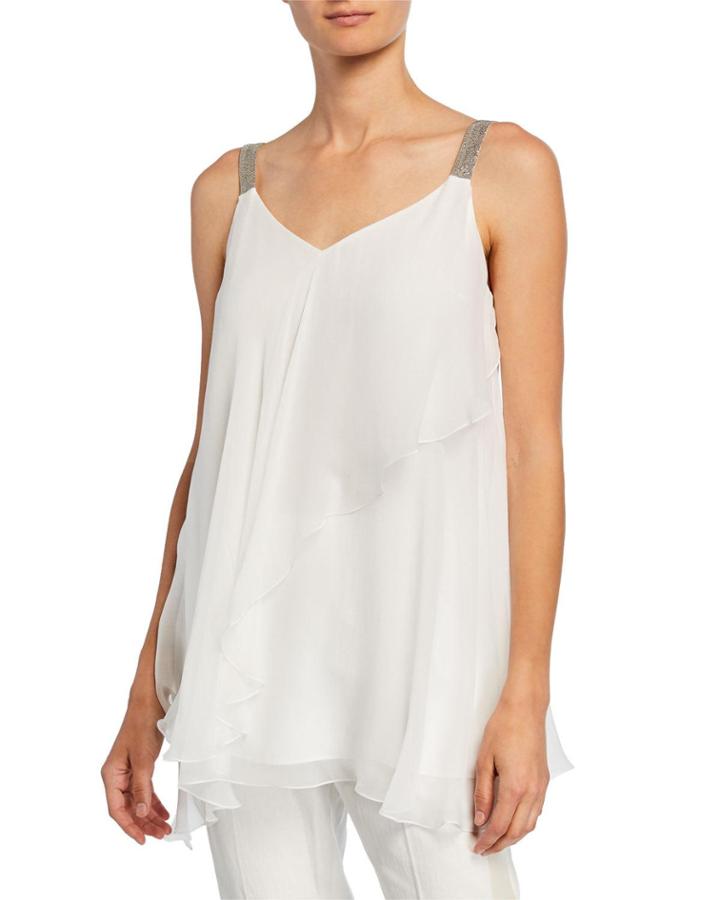Beaded Strap Asymmetric Ruffle Blouse