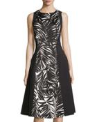 Judy Palm-print Paneled Dress, Black/white