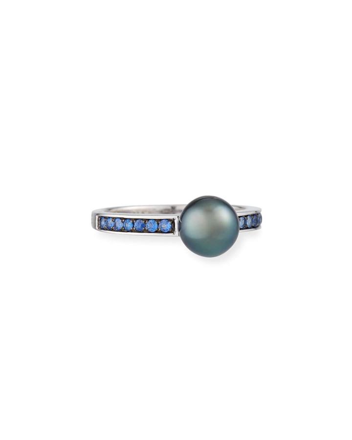 14k White Gold Pearl & Blue Sapphire Ring,