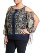 Paisley-print Cold-shoulder Blouse, Blue,