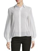 Bishop-sleeve Button-front Blouse, Optic White