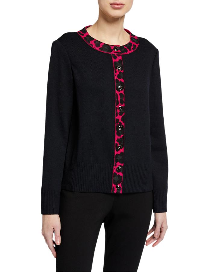 Santana Button-front Cardigan W/ Leopard-print Trim