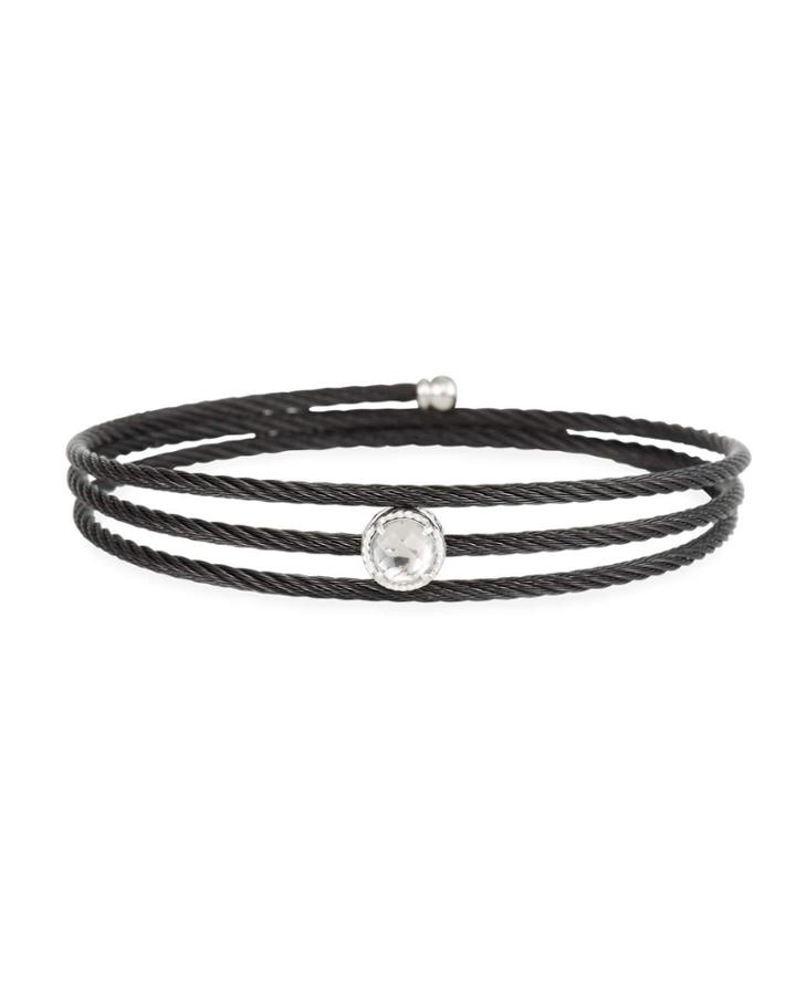 Black Cable Triple-wrap Bangle Bracelet With White Topaz
