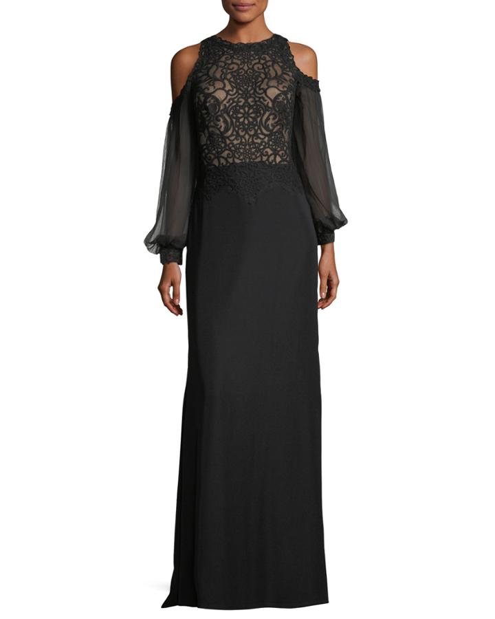 Cold-shoulder Long-sleeve Lace Combo Gown