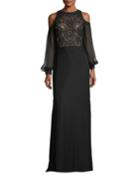 Cold-shoulder Long-sleeve Lace Combo Gown