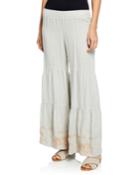 Sienne Wide-leg Tiered Linen Palazzo Pants W/ Embroidered Hem
