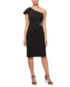 One-shoulder Sheath Dress With Beaded Hip Detail & Ruched
