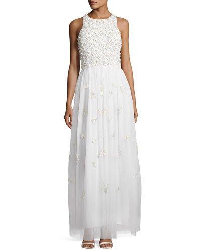 Floral-appliq&eacute; Sleeveless Maxi Dress, Ivory