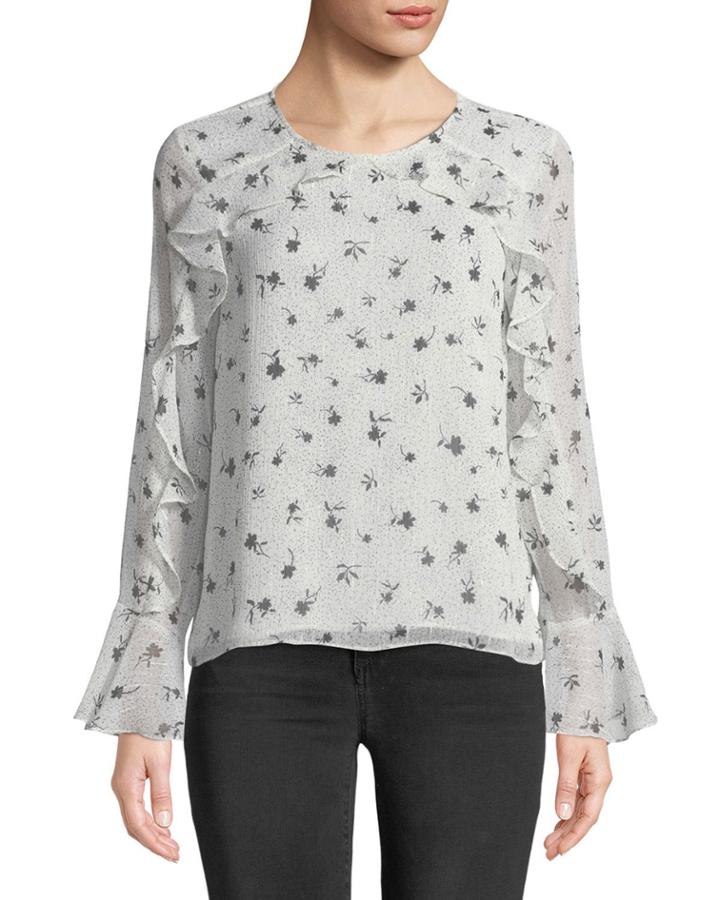 Speckled Ruffle-trim Long-sleeve Blouse