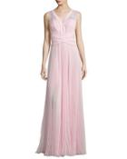 Sleeveless Crisscross-waist Plisse Gown, Rose Fonce