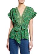 Floral Print Ruffle-sleeve Tie-waist Top
