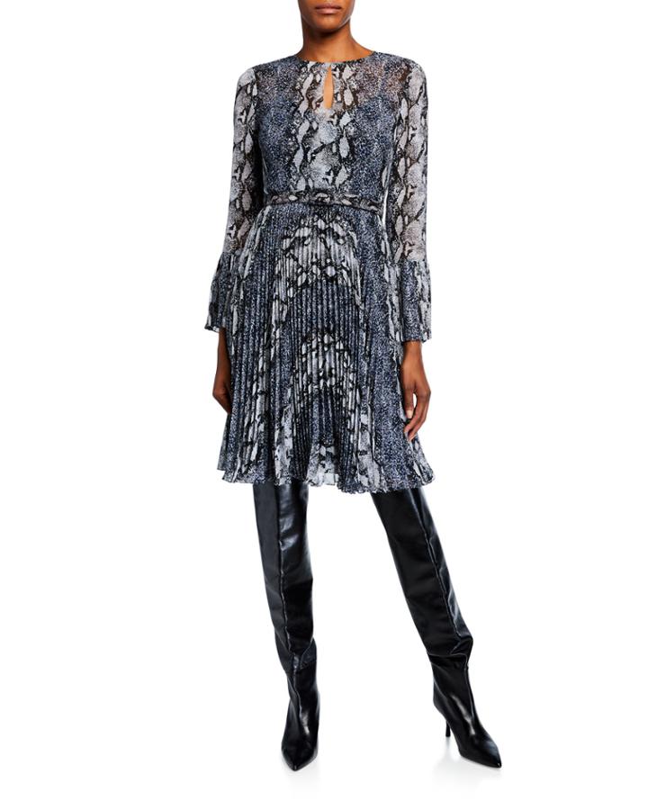 Pleated Snake Print Georgette Belted Dress