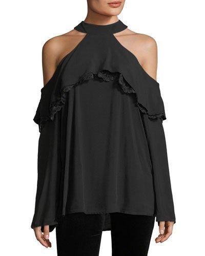 Choker-neck Ruffled Cold-shoulder Blouse