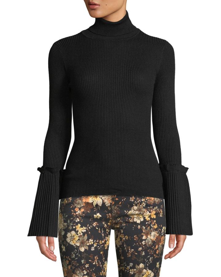 Ribbed Bell-sleeve Turtleneck