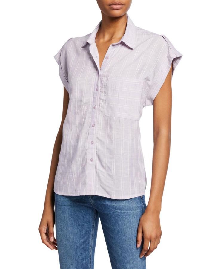 Striped Button-front Short-sleeve Blouse
