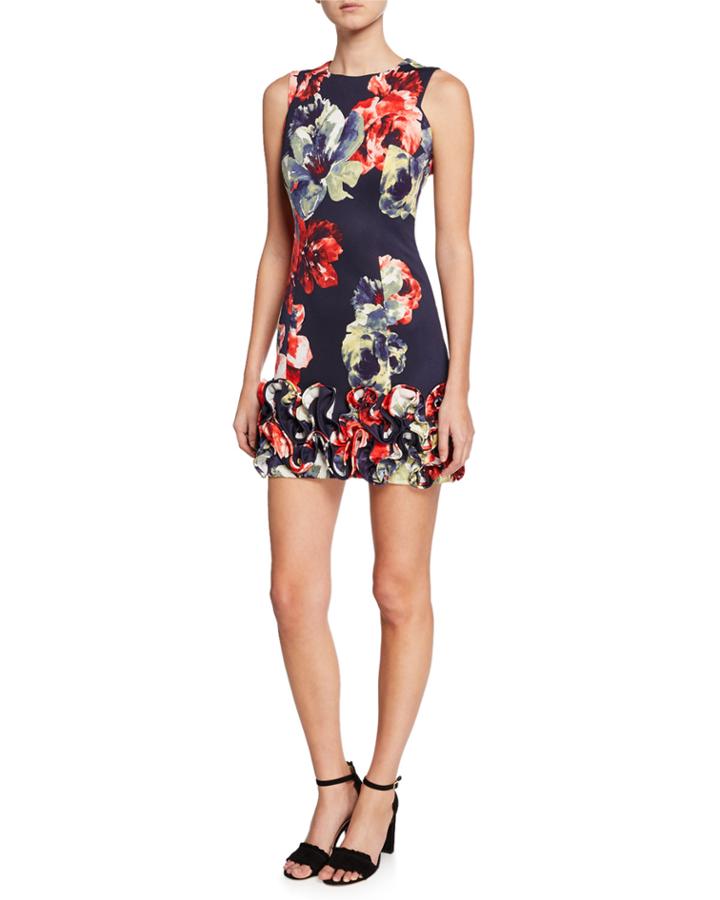 Sleeveless Floral-print Scuba Dress W/ Ruffle Hem