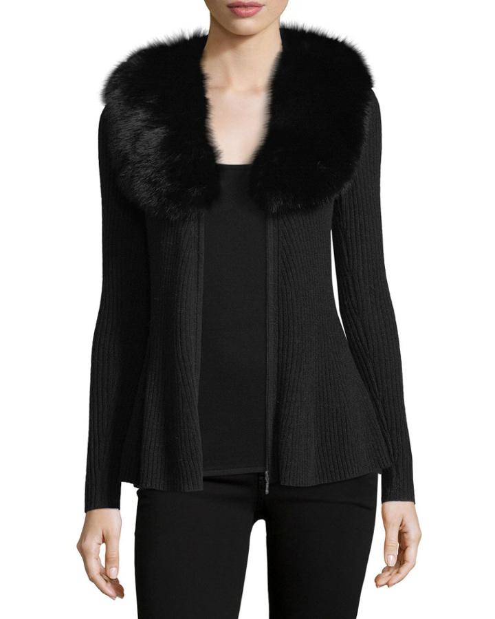 Luxury Cashmere Zip-front Cardigan W/ Fox Fur Collar