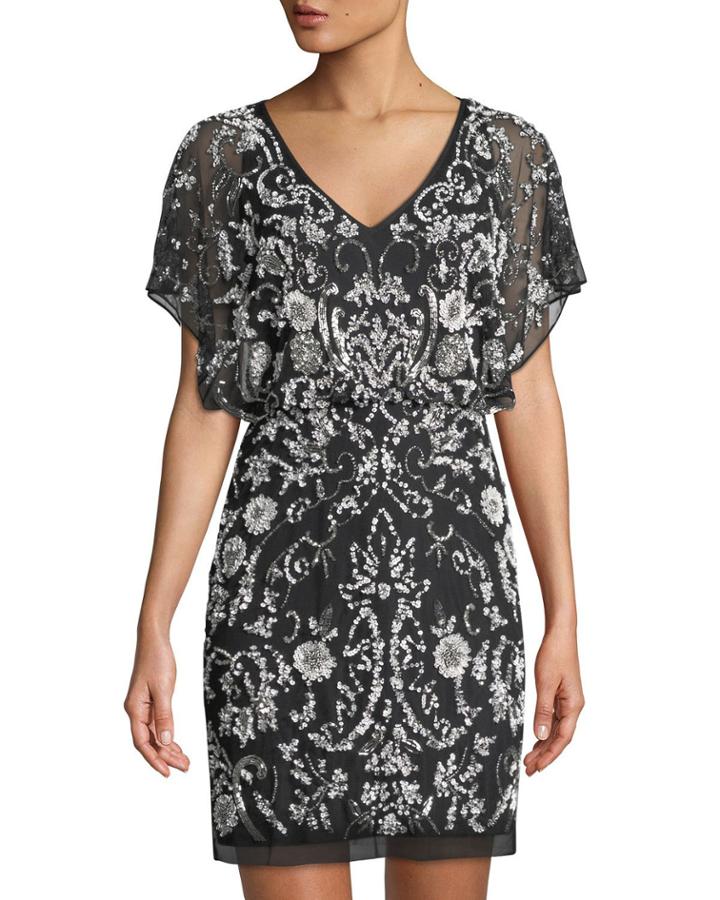 Flutter-sleeve Beaded Cocktail Dress