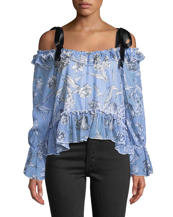 Satin-ribbon Cold-shoulder Floral Blouse