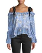 Satin-ribbon Cold-shoulder Floral Blouse